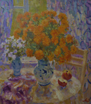 Лысенко Юрий Михайлович. Желтые цветы на фоне окна. 1994
